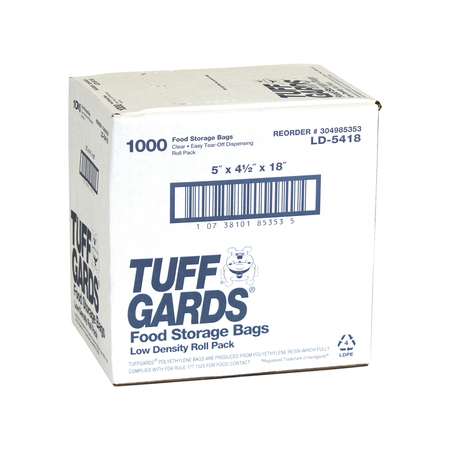 TUFFGARDS 5"x4.5"x18" .6 mil Low Density Roll Pack Clear Food Storage Bag, PK1000 304985353